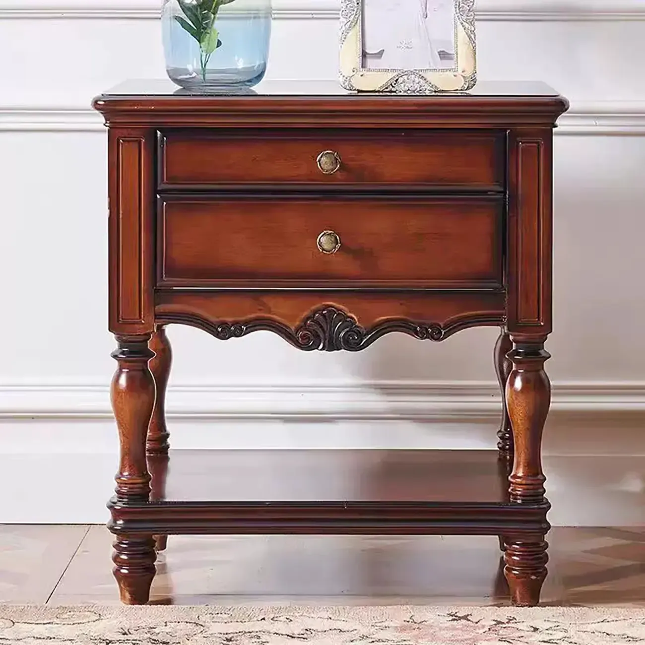Victorian Brown 2-Drawer Wood Nightstand for Bedroom Image - 4