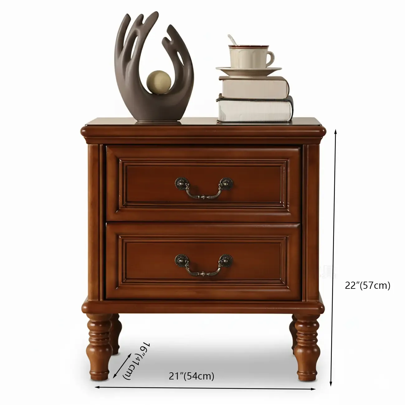 Victorian Brown 2-Drawer Wood Nightstand for Bedroom #size
