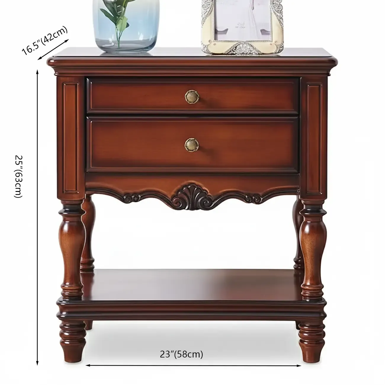 Victorian Brown 2-Drawer Wood Nightstand for Bedroom Image - 12