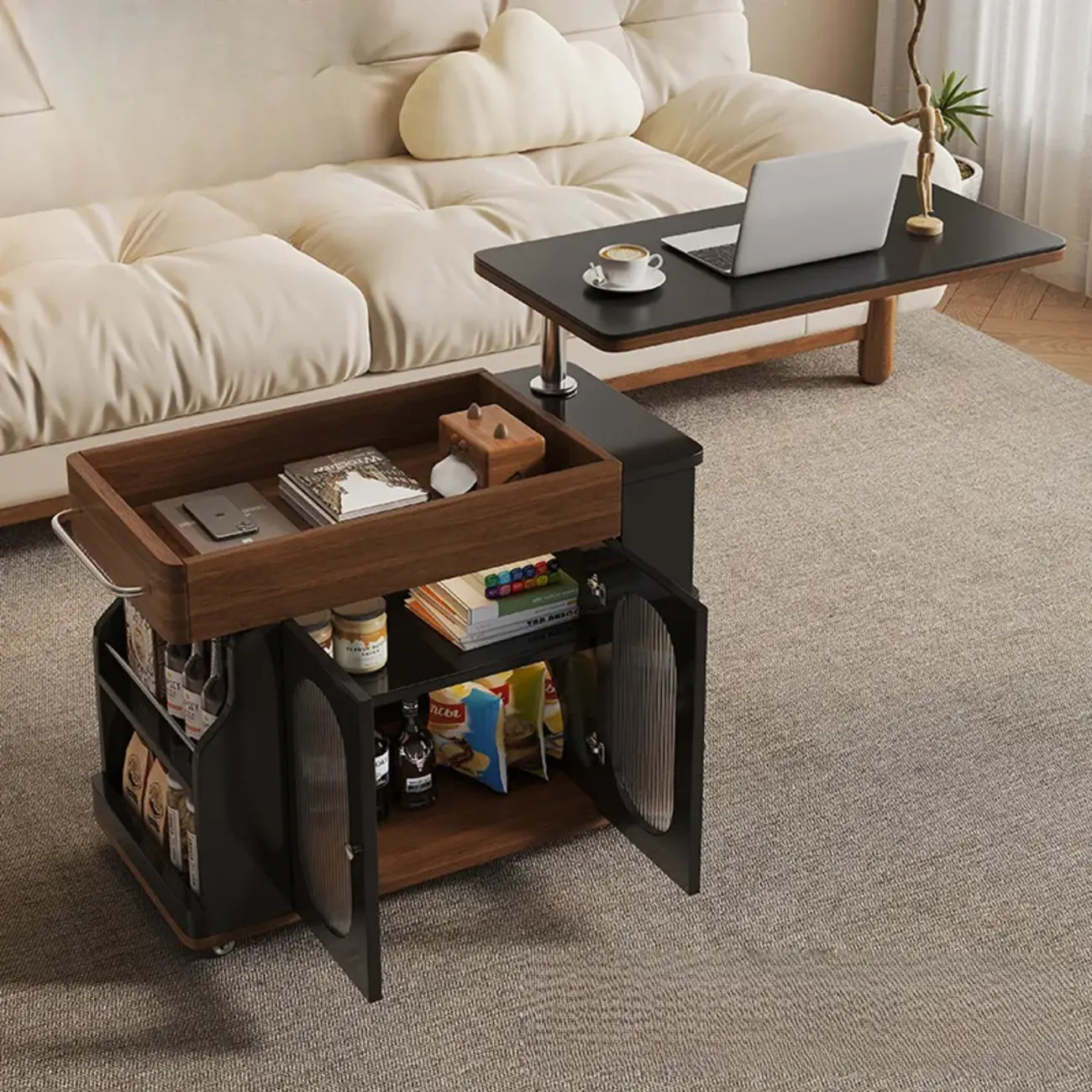 Foldable Modern Multi-level Mobile Wood Side Table Image - 3 | homeyfad