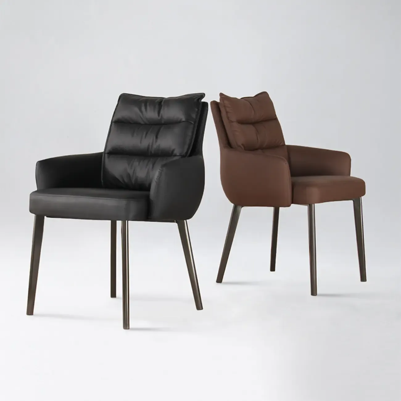 Mid-Century Modern Upholstered Leather Arm Dining Chairs Image - 2