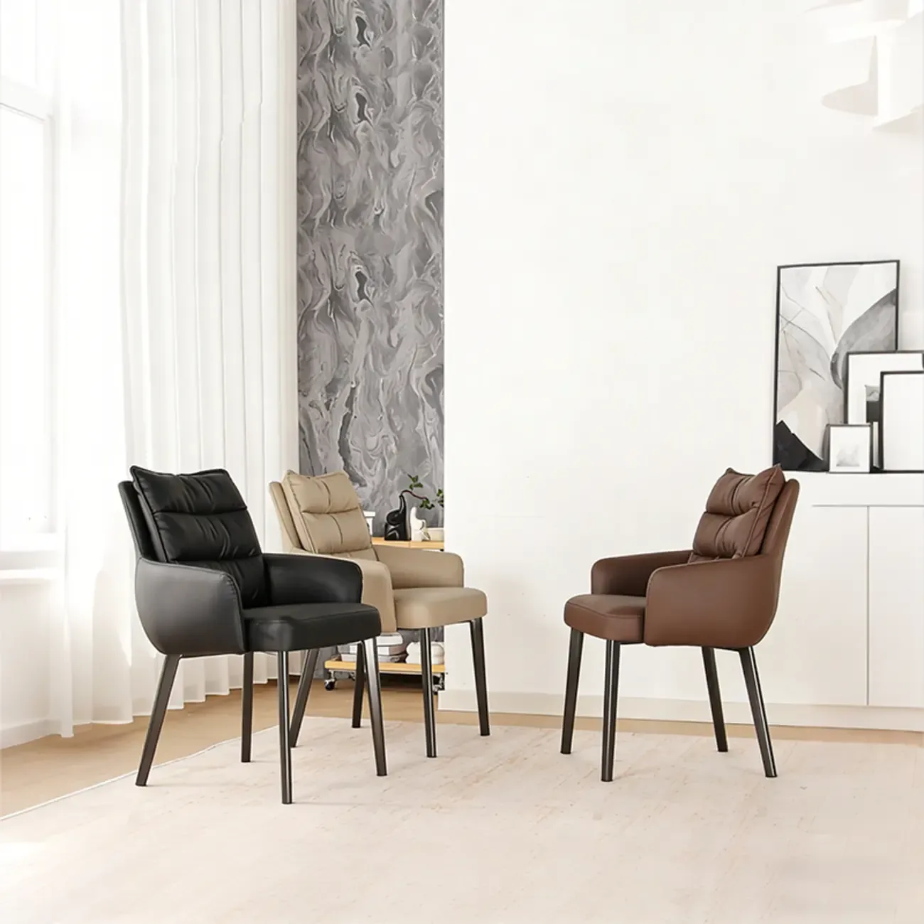 Mid-Century Modern Upholstered Leather Arm Dining Chairs Image - 3