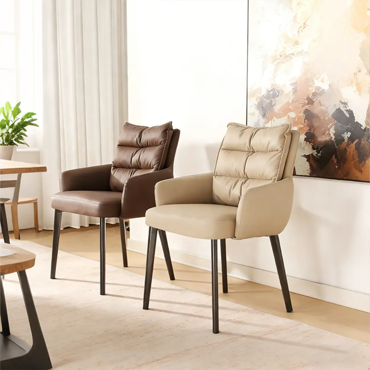 Mid-Century Modern Upholstered Leather Arm Dining Chairs Image - 4