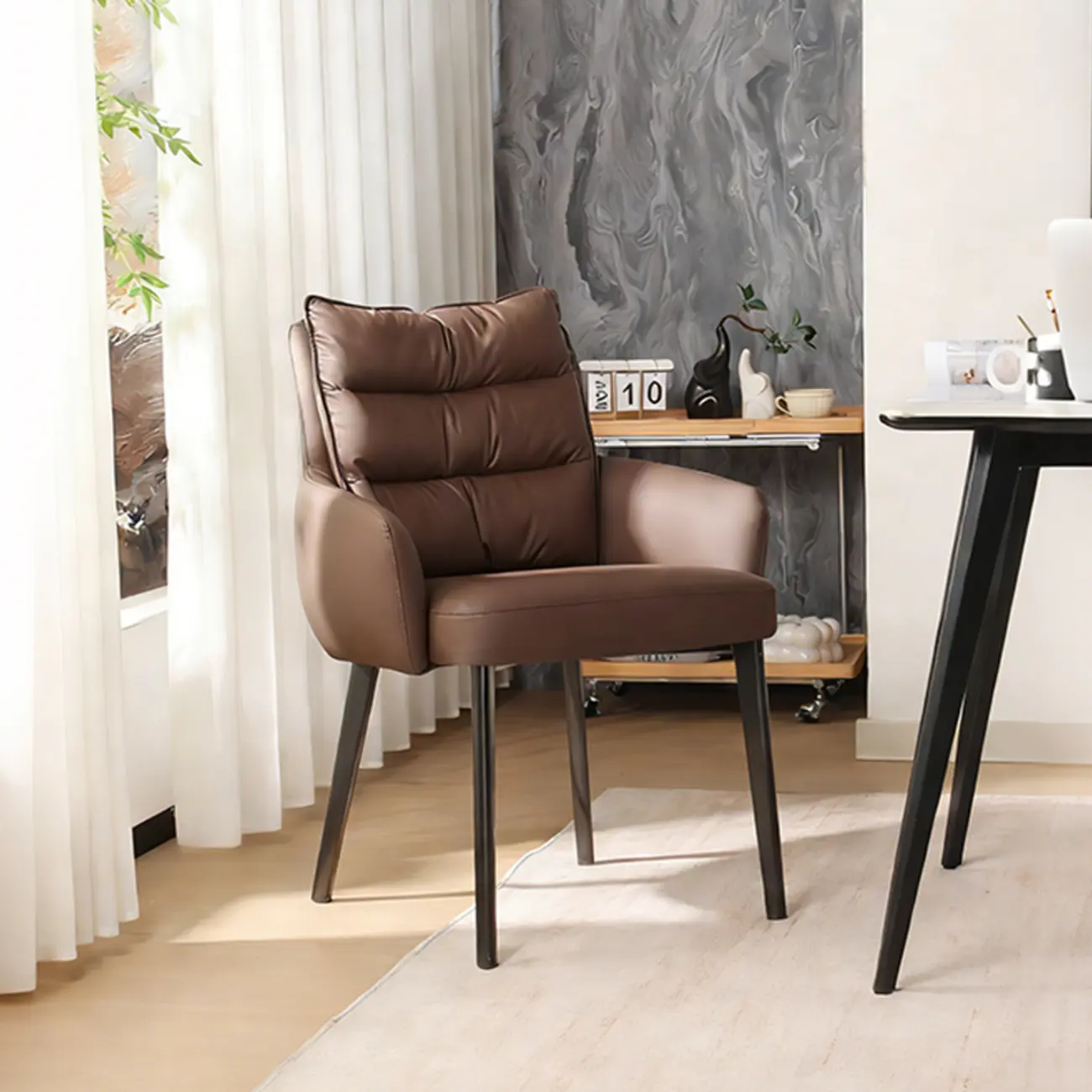 Mid-Century Modern Upholstered Leather Arm Dining Chairs Image - 5 | homeyfad