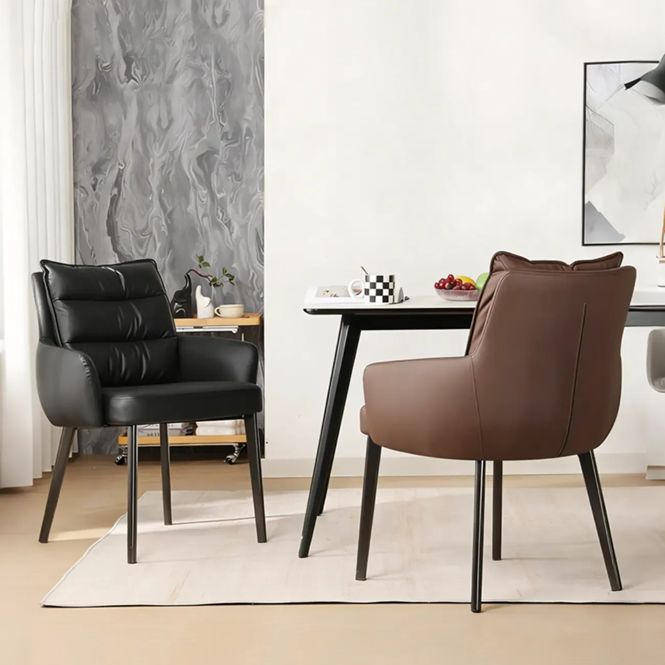 Mid-Century Modern Upholstered Leather Arm Dining Chairs Image - 1