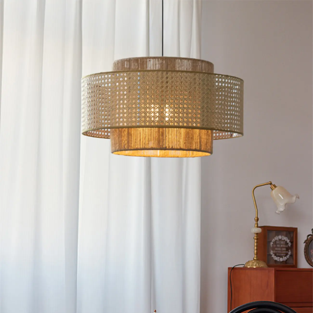 Bohemian Geometric Cylinder Dining Room Rattan Chandelier Image - 1 | homeyfad