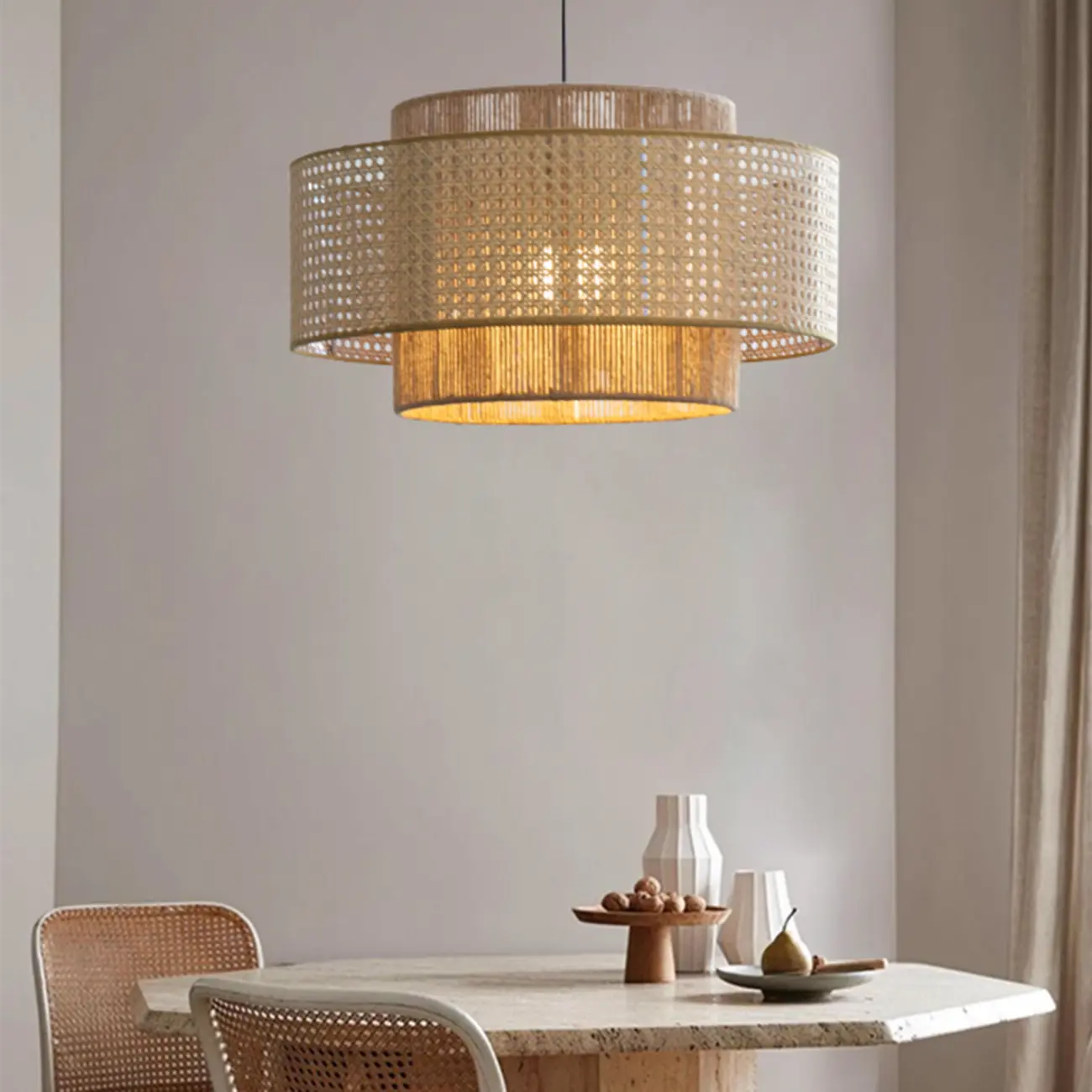 Bohemian Geometric Cylinder Dining Room Rattan Chandelier Image - 2 | homeyfad