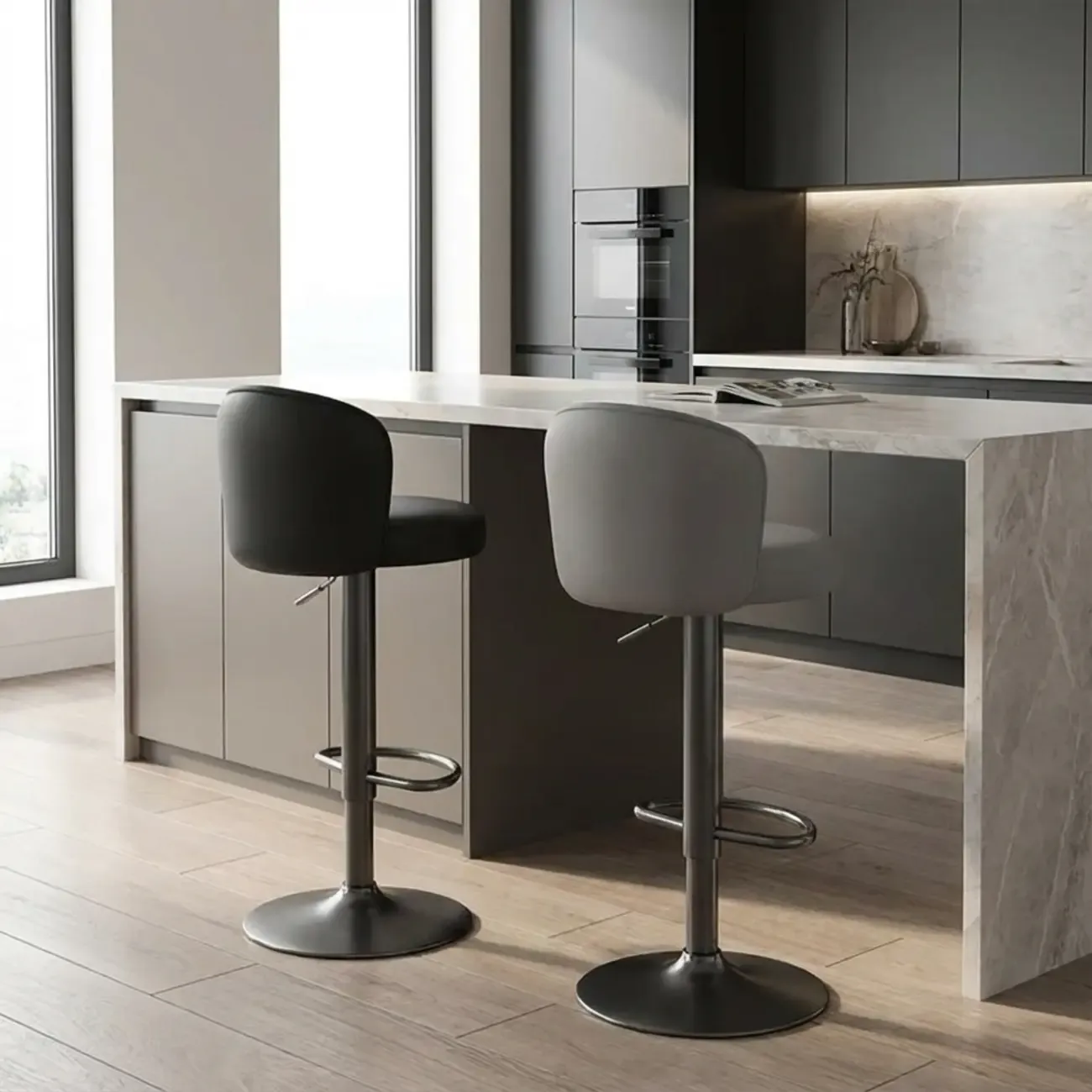 Modern Leather Adjustable Swivel Bar Stools with Back Image - 3