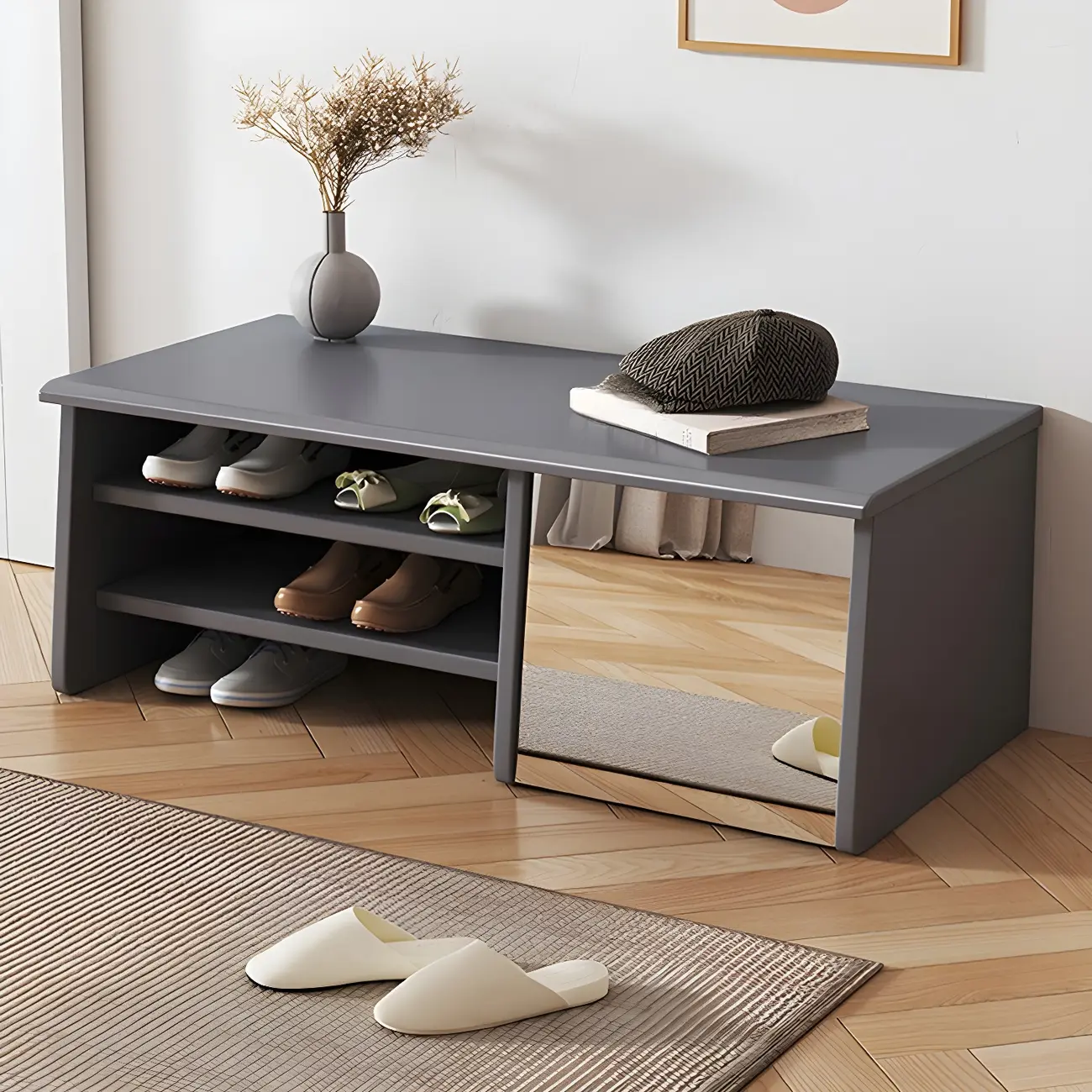 Entryway Wood Shoe Storage Bench with Mirror Image - 2 | homeyfad