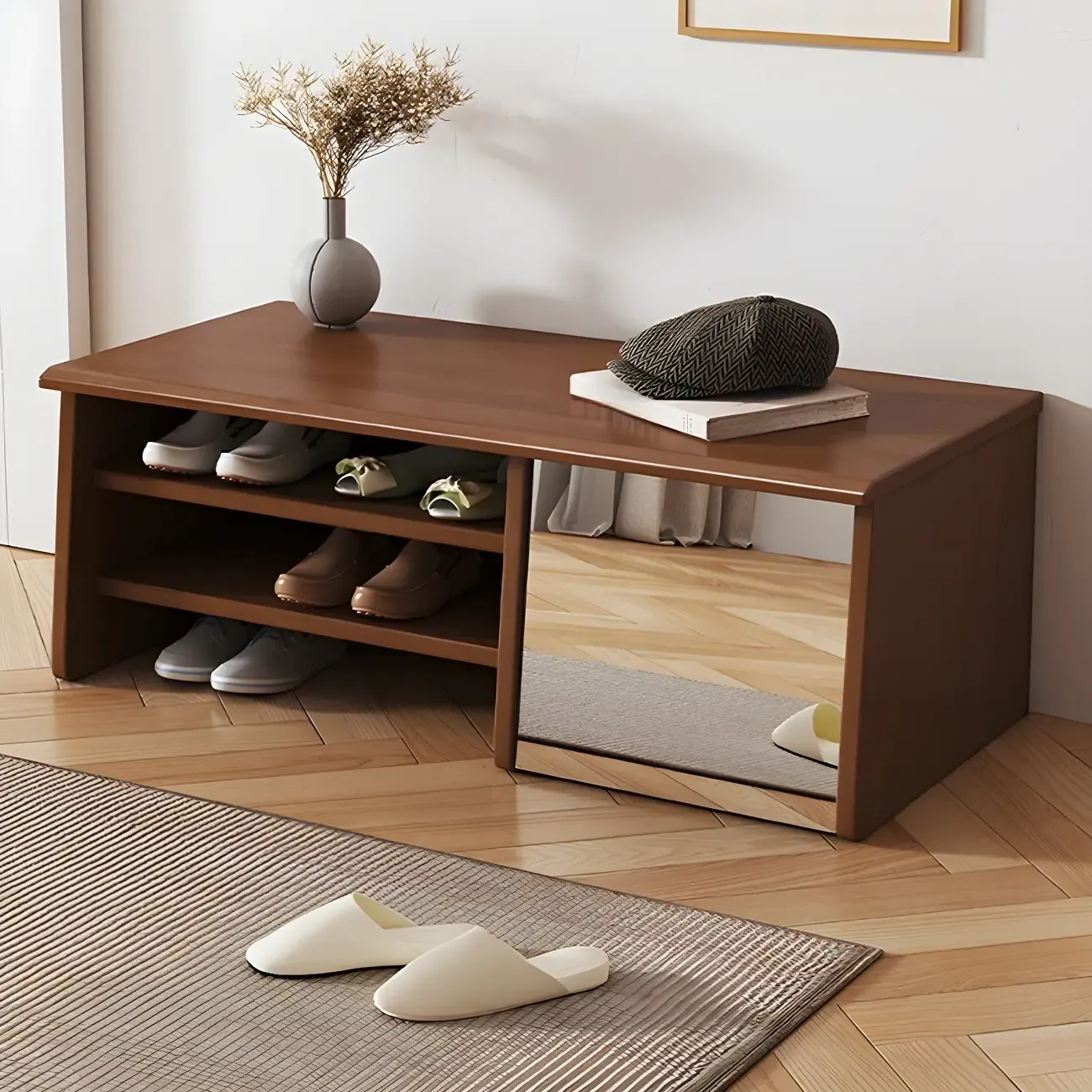 Entryway Wood Shoe Storage Bench with Mirror Image - 14