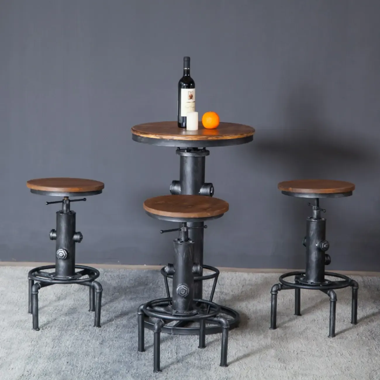 Adjustable Height Industrial Wood Metal Round Bar Table Image - 2
