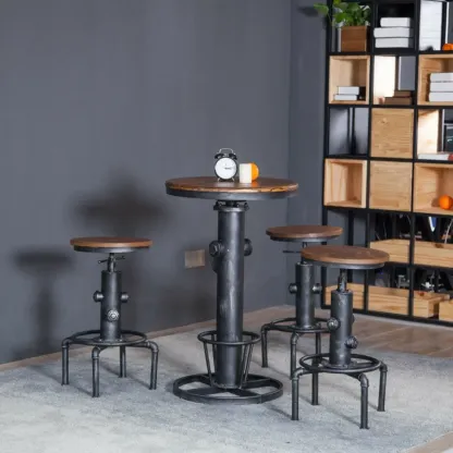 Adjustable Height Industrial Wood Metal Round Bar Table Image - 1