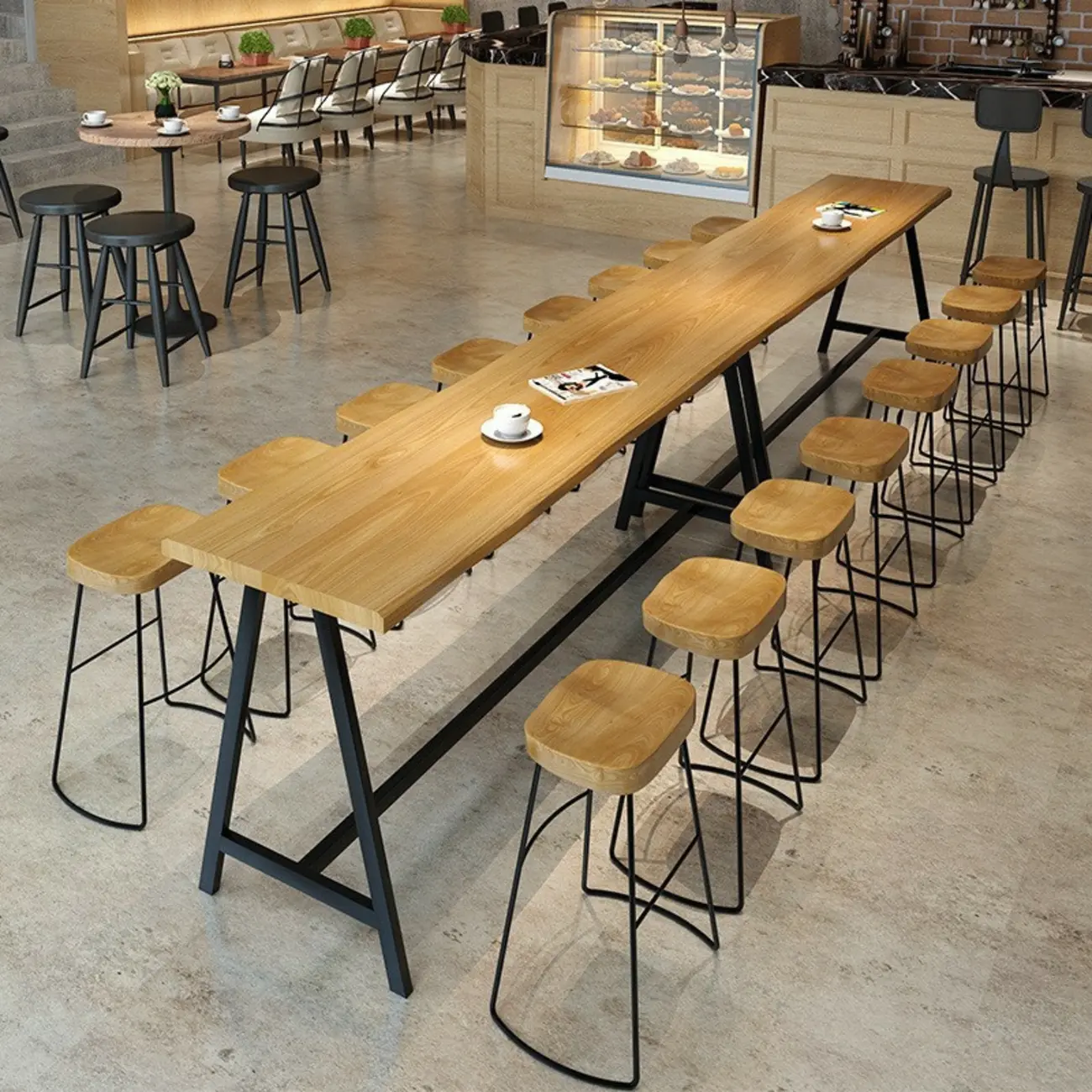 Modern Natural Wood Metal Trestle Bar Tables for Bistro Image - 1 | homeyfad