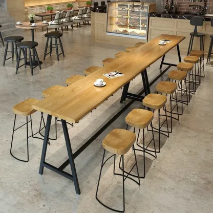 Modern Natural Wood Metal Trestle Bar Tables for Bistro Image - 1