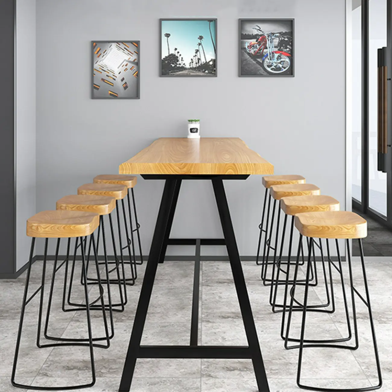 Modern Natural Wood Metal Trestle Bar Tables for Bistro Image - 2 | homeyfad