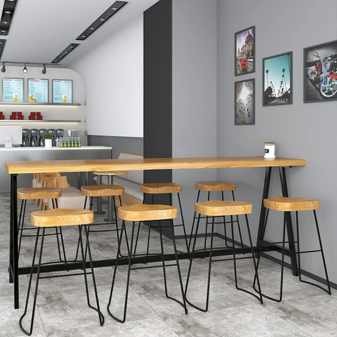 Modern Natural Wood Metal Trestle Bar Tables for Bistro Image - 3