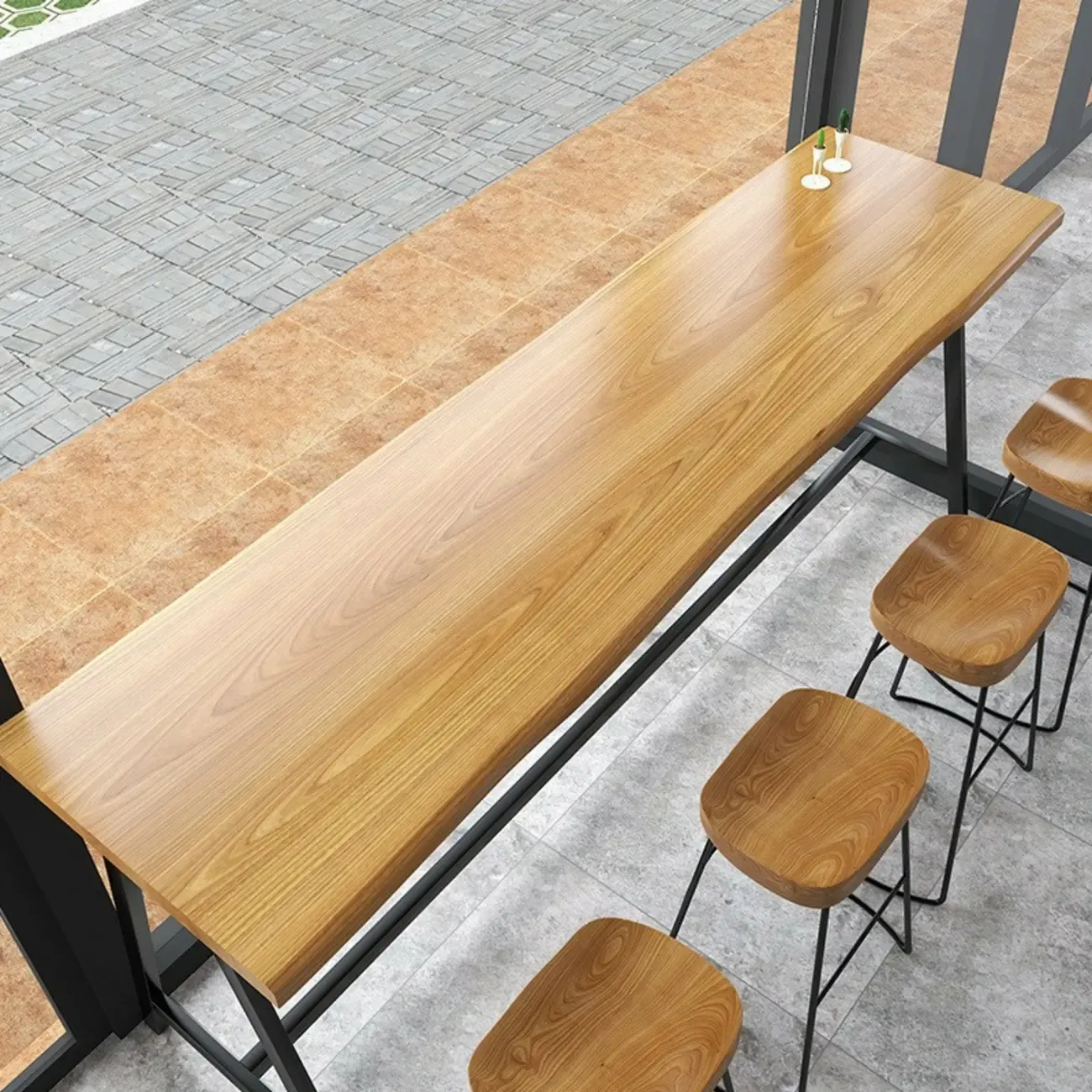Modern Natural Wood Metal Trestle Bar Tables for Bistro Image - 6