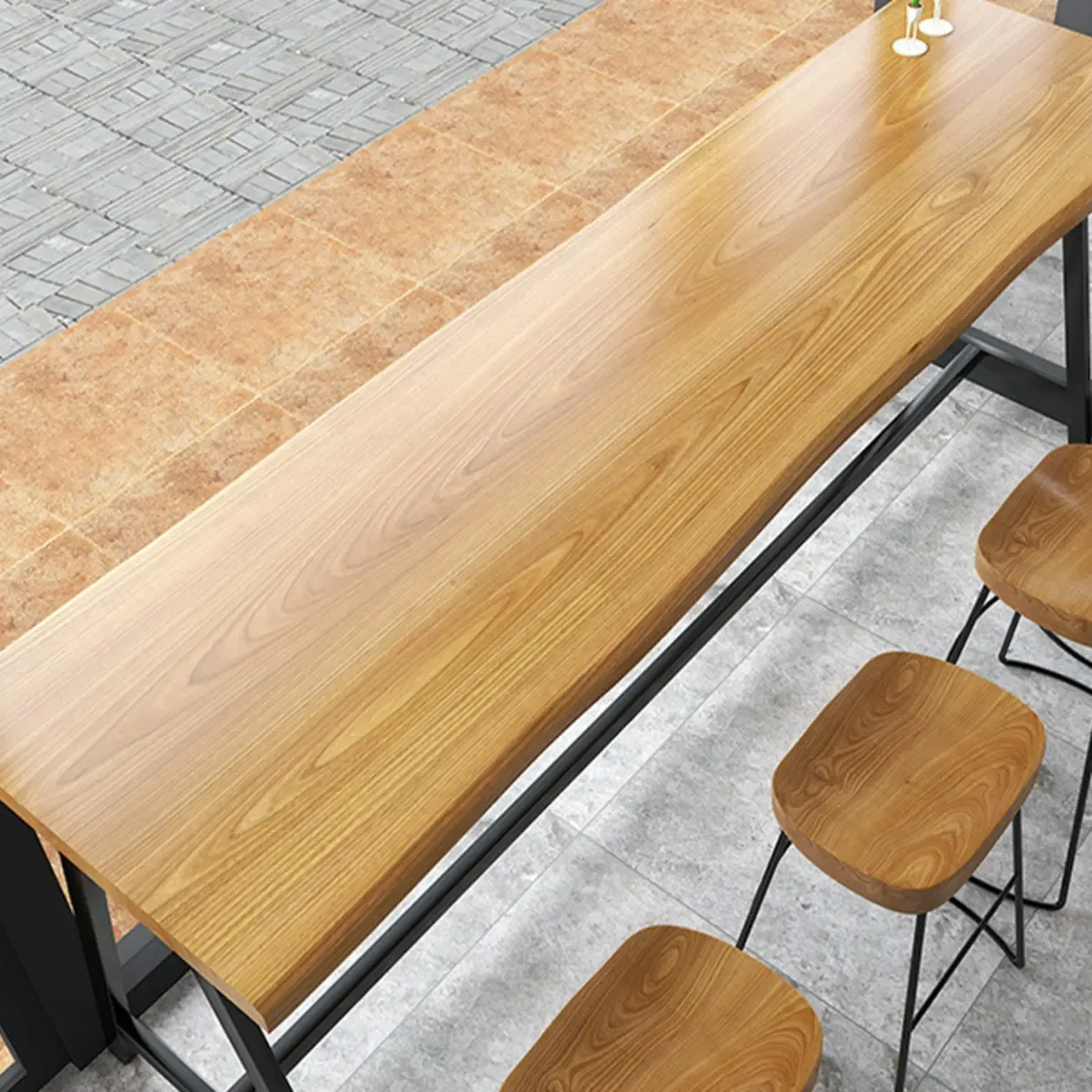 Modern Natural Wood Metal Trestle Bar Tables for Bistro Image - 8