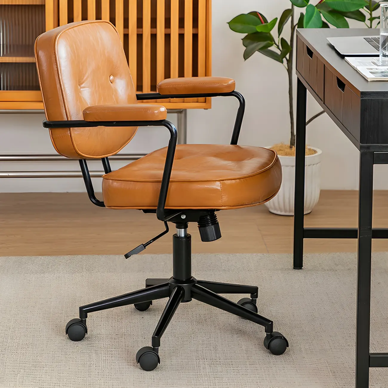 Modern Tan Leather Adjustable Swivel Office Chair Image - 1 | homeyfad