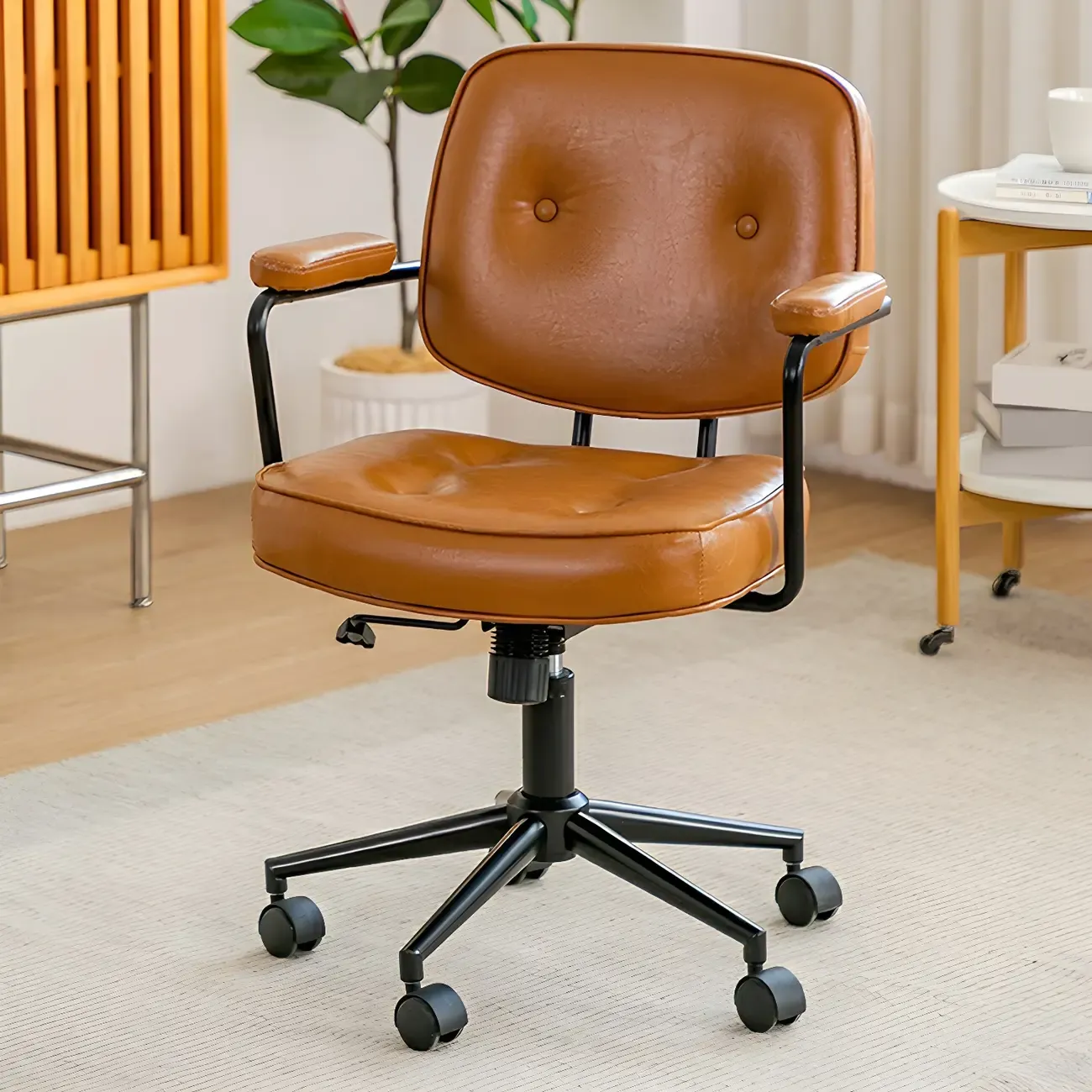 Modern Tan Leather Adjustable Swivel Office Chair Image - 4