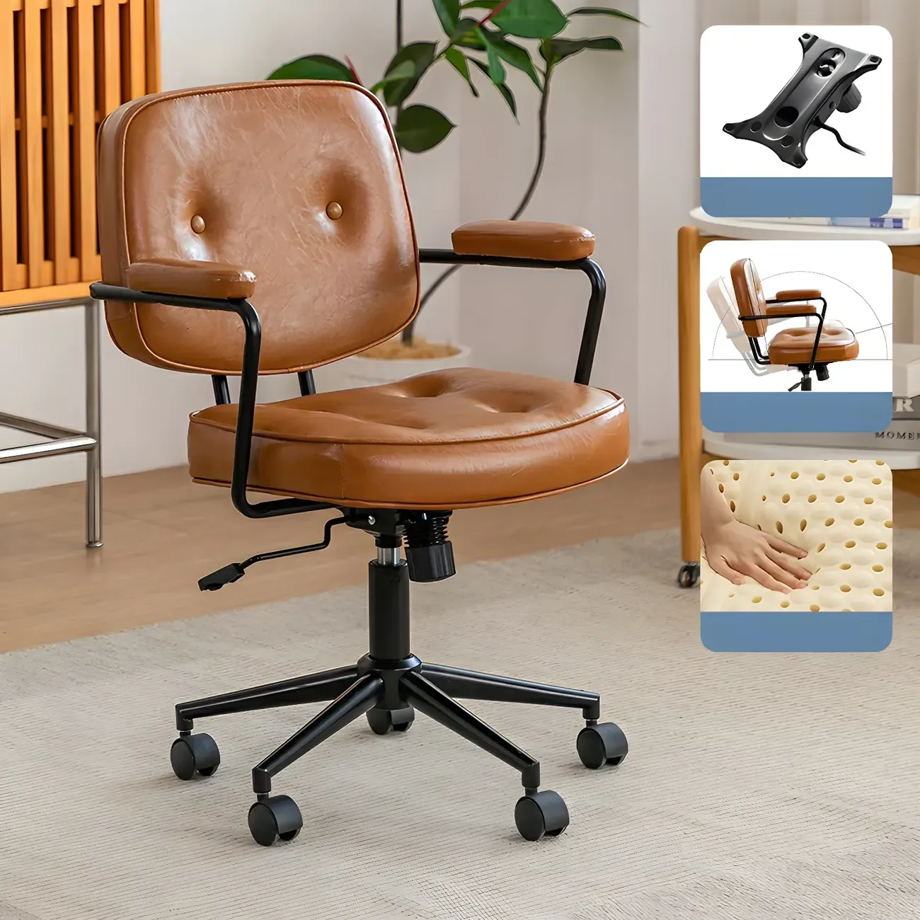 Modern Tan Leather Adjustable Swivel Office Chair Image - 9