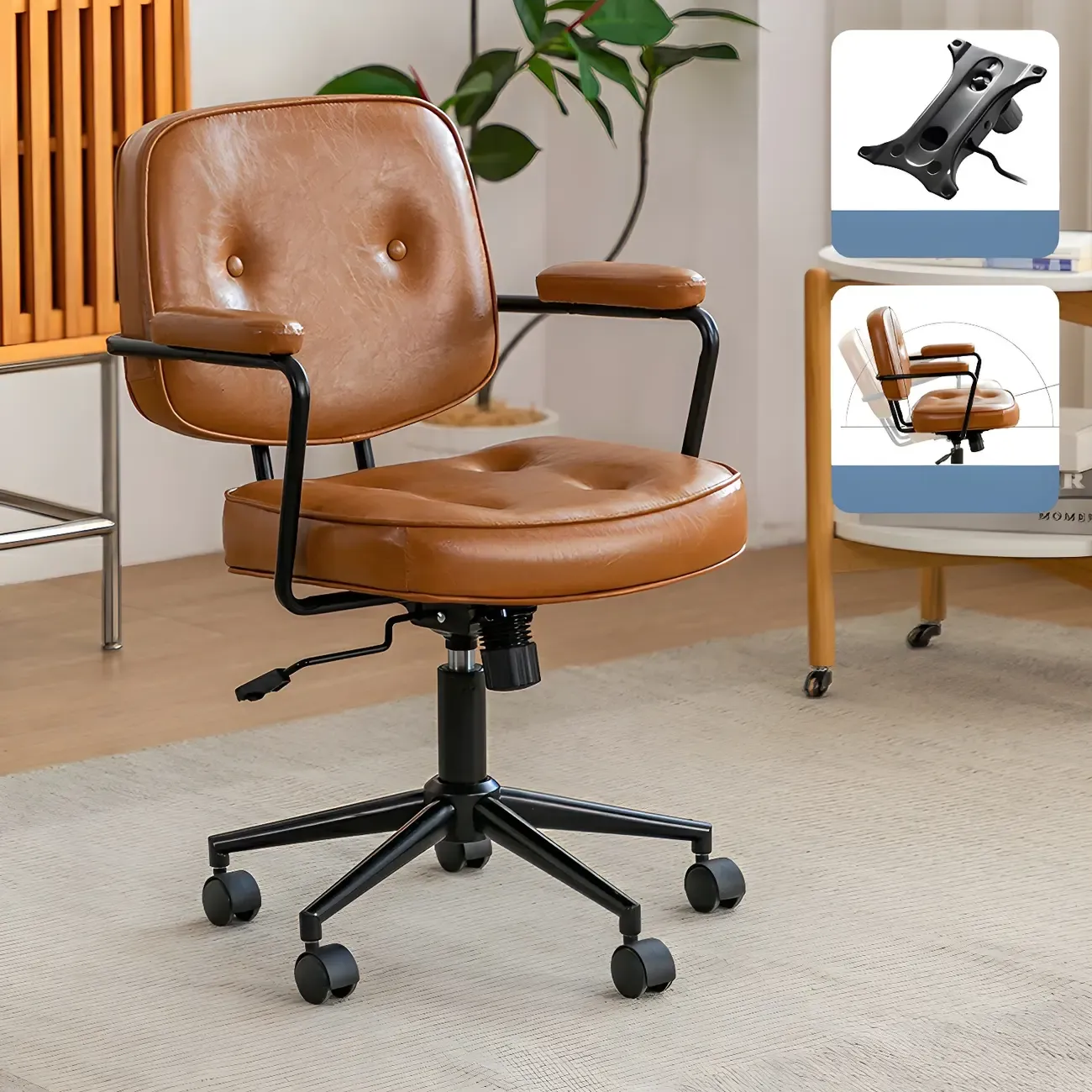 Modern Tan Leather Adjustable Swivel Office Chair Image - 11