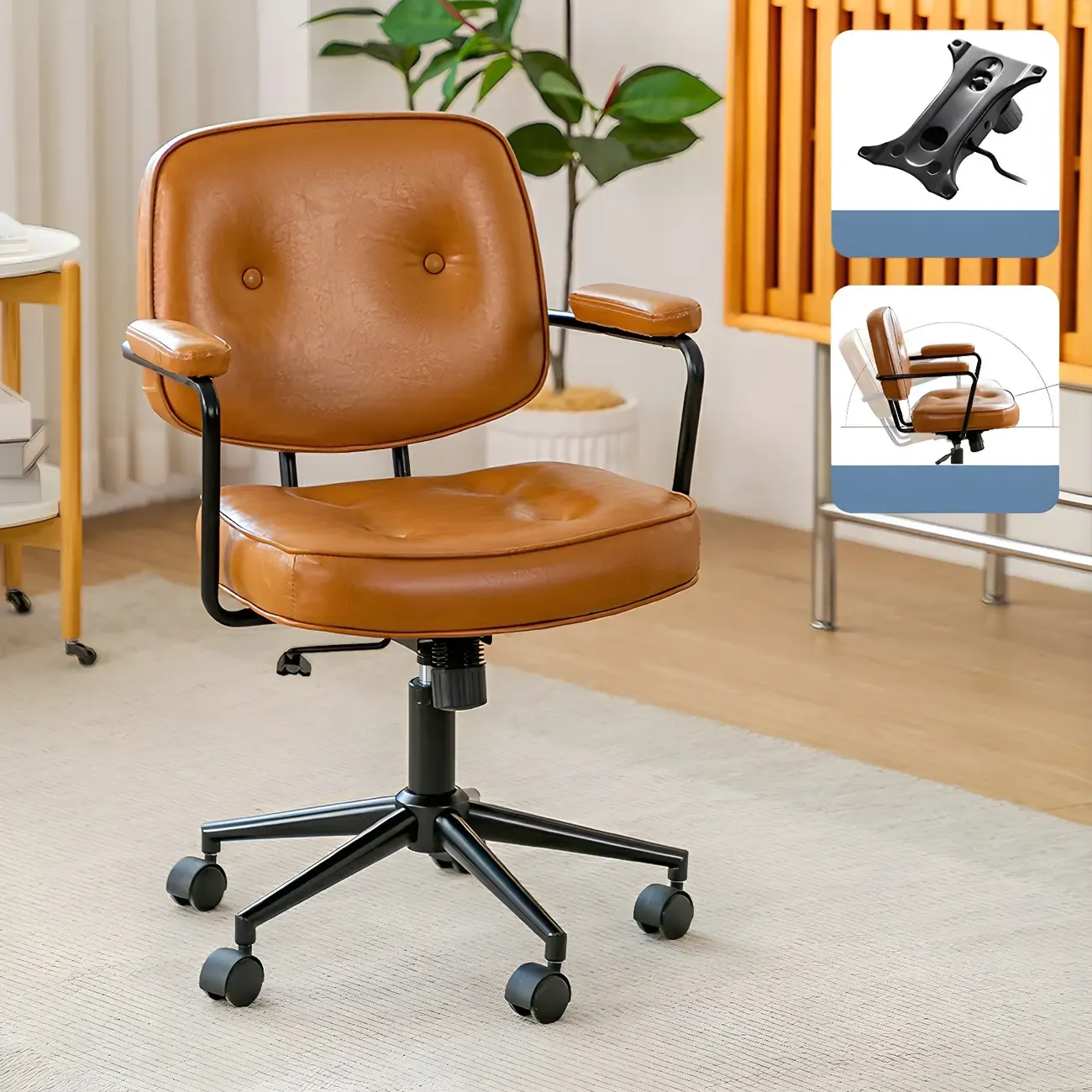 Modern Tan Leather Adjustable Swivel Office Chair Image - 15