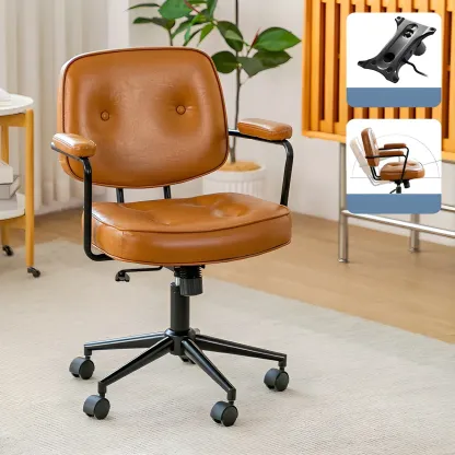 Modern Tan Leather Adjustable Swivel Office Chair Image - 15