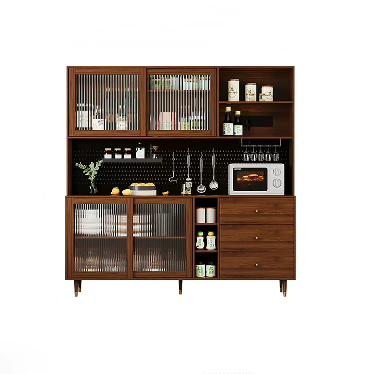 3-Drawer Wooden Fluted Glass Door Kitchen Sideboard Image - 10 | homeyfad