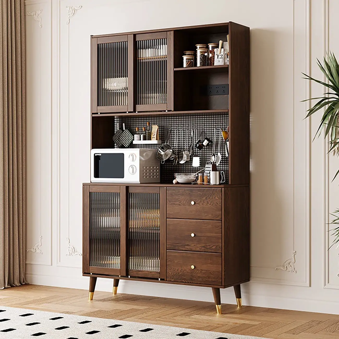 3-Drawer Wooden Fluted Glass Door Kitchen Sideboard Image - 1 | homeyfad