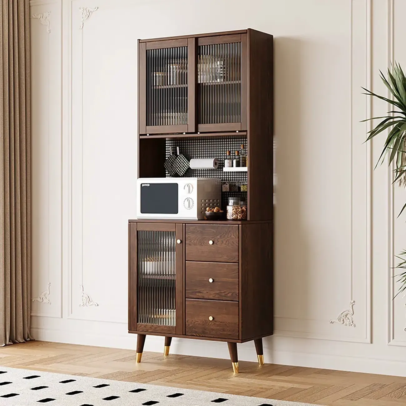 3-Drawer Wooden Fluted Glass Door Kitchen Sideboard Image - 3