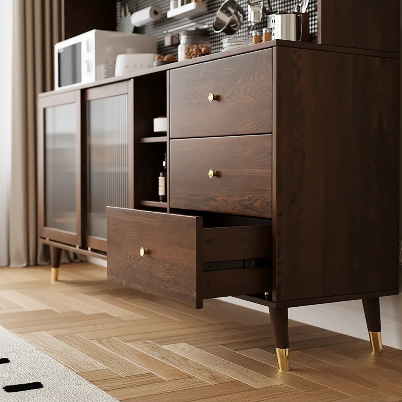 3-Drawer Wooden Fluted Glass Door Kitchen Sideboard Image - 5 | homeyfad