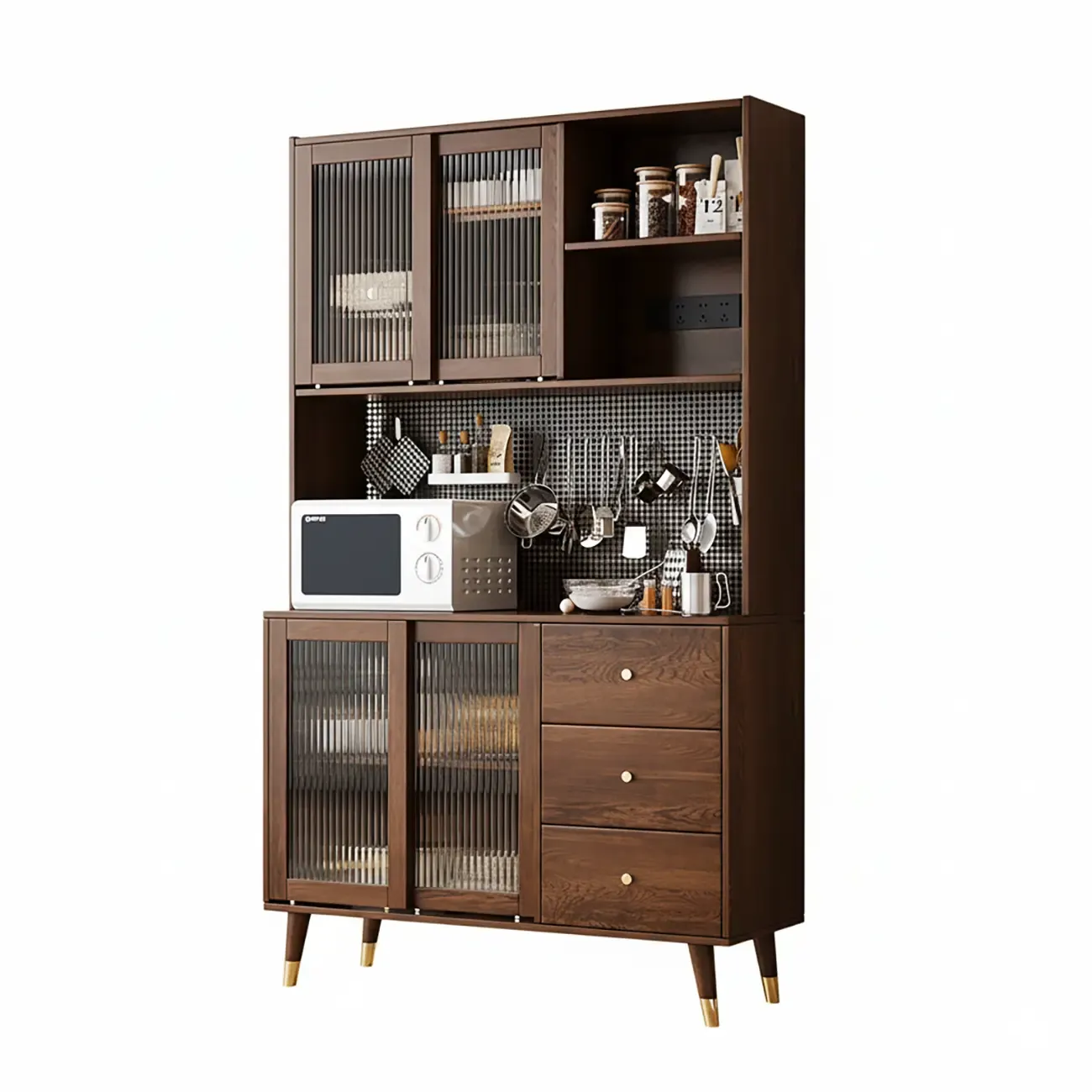 3-Drawer Wooden Fluted Glass Door Kitchen Sideboard Image - 11