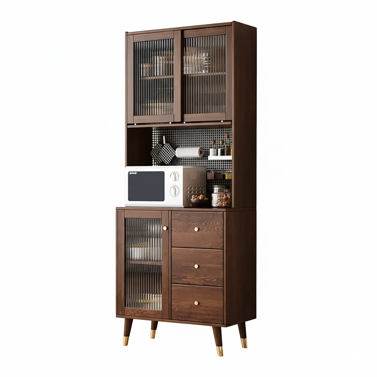 3-Drawer Wooden Fluted Glass Door Kitchen Sideboard Image - 12 | homeyfad