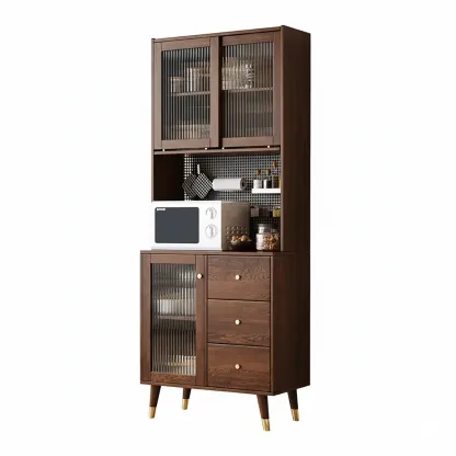 3-Drawer Wooden Fluted Glass Door Kitchen Sideboard Image - 12