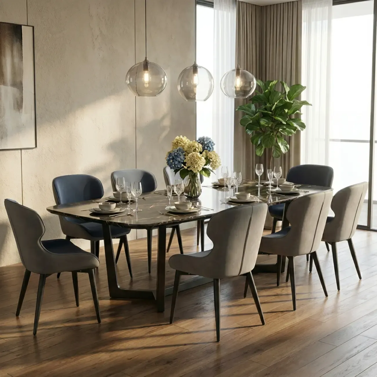 Scandinavian Leather Wingback Upholstered Dining Chair Image - 4