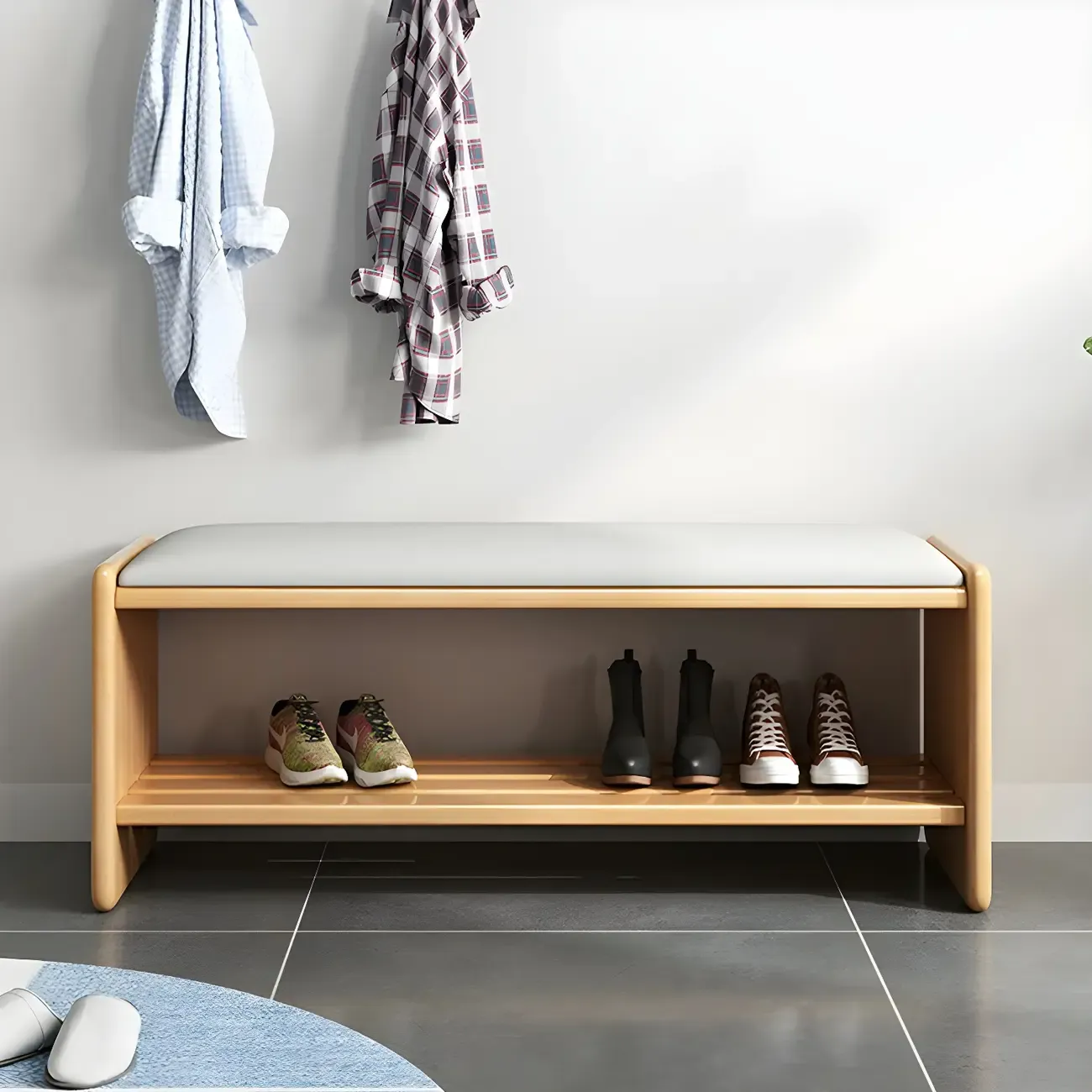 Entryway Natural Wood Shoe Storage Bench with Cushion Image - 4