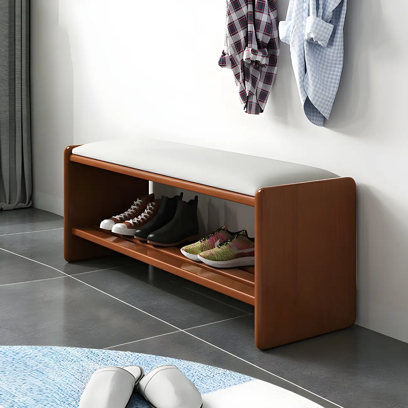 Entryway Natural Wood Shoe Storage Bench with Cushion Image - 3 | homeyfad