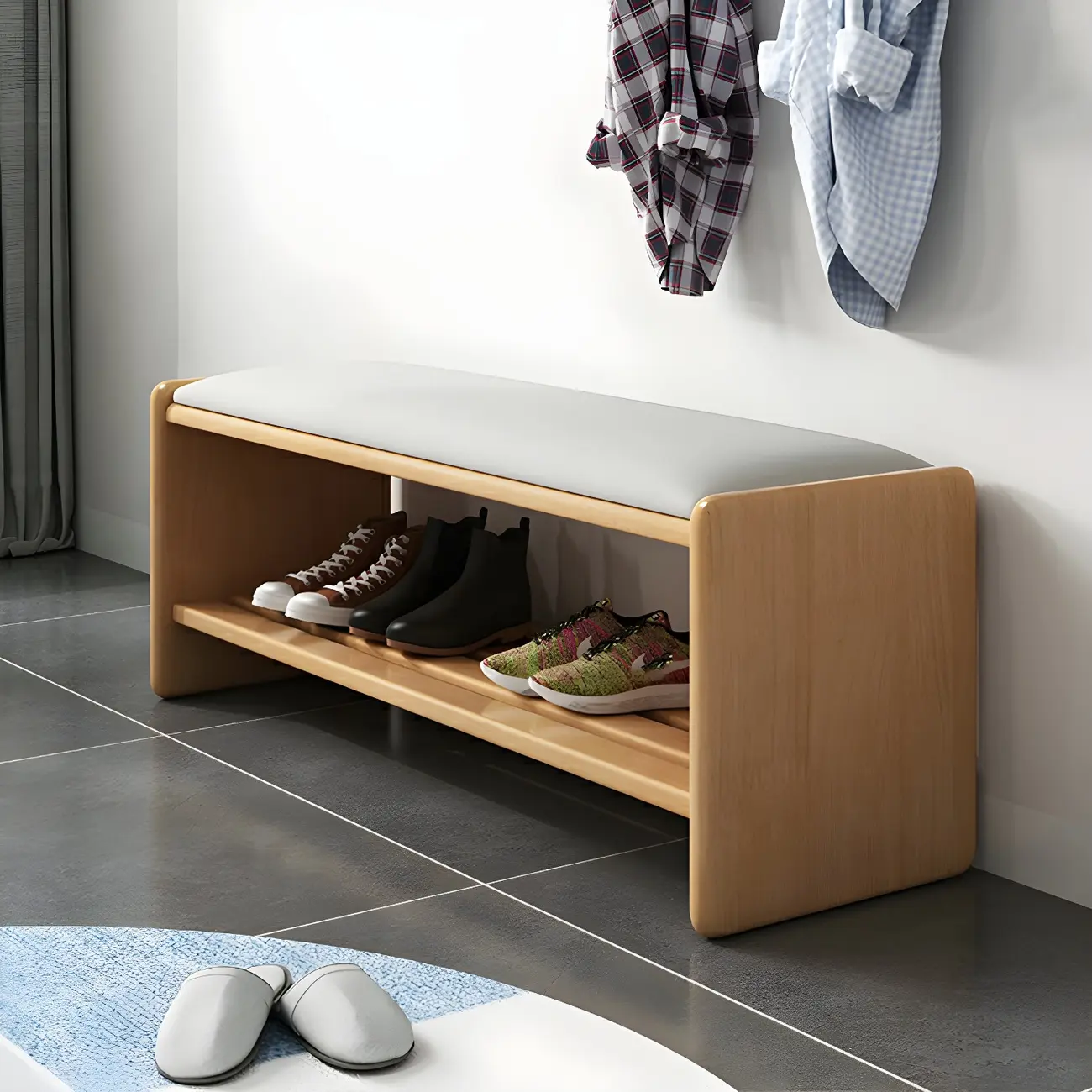 Entryway Natural Wood Shoe Storage Bench with Cushion Image - 1 | homeyfad