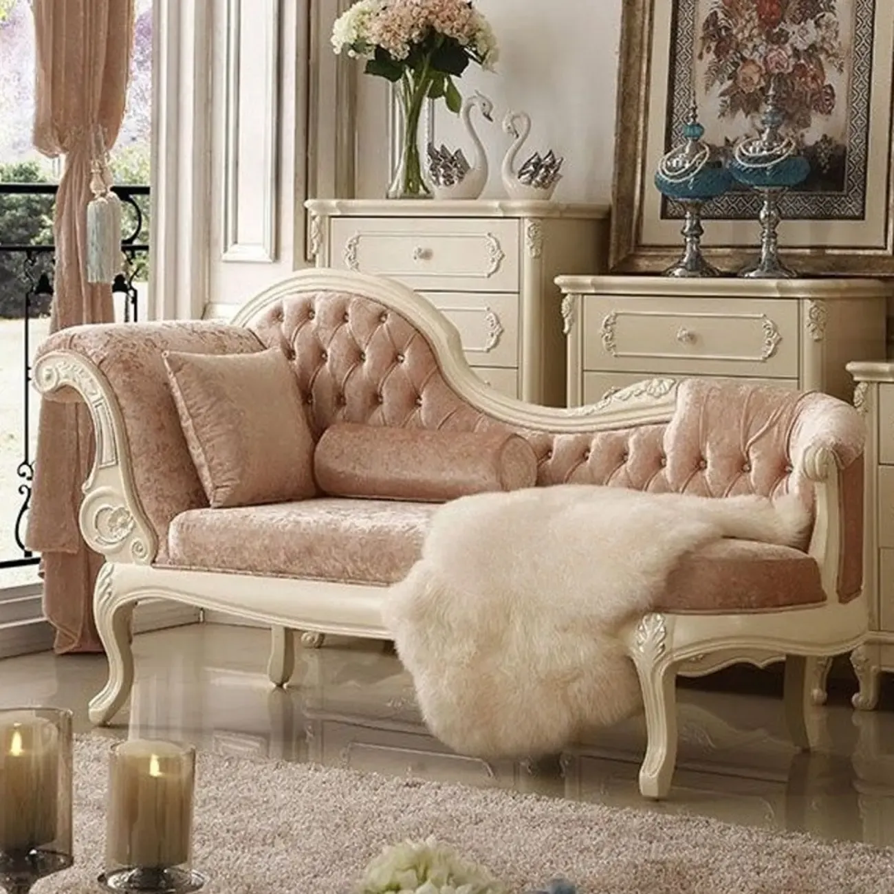 Luxurious Pink Velvet Chaise Lounge with Flared Arm for Bedroom Image - 3