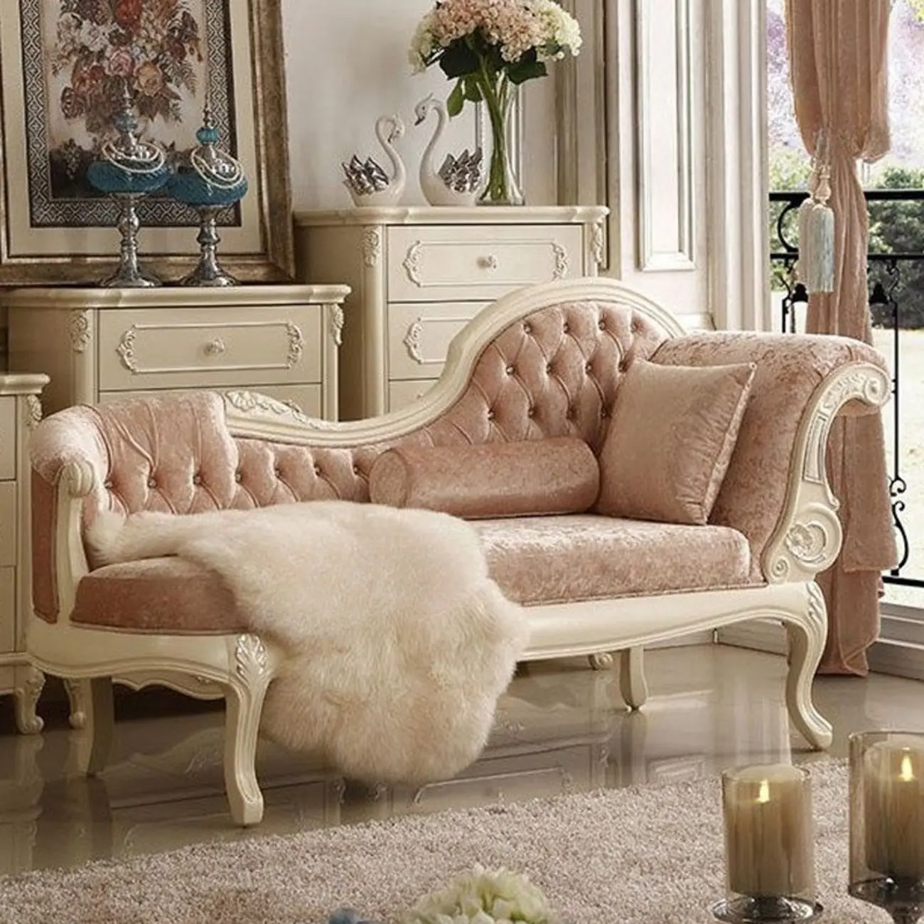 Luxurious Pink Velvet Chaise Lounge with Flared Arm for Bedroom Image - 4 | homeyfad