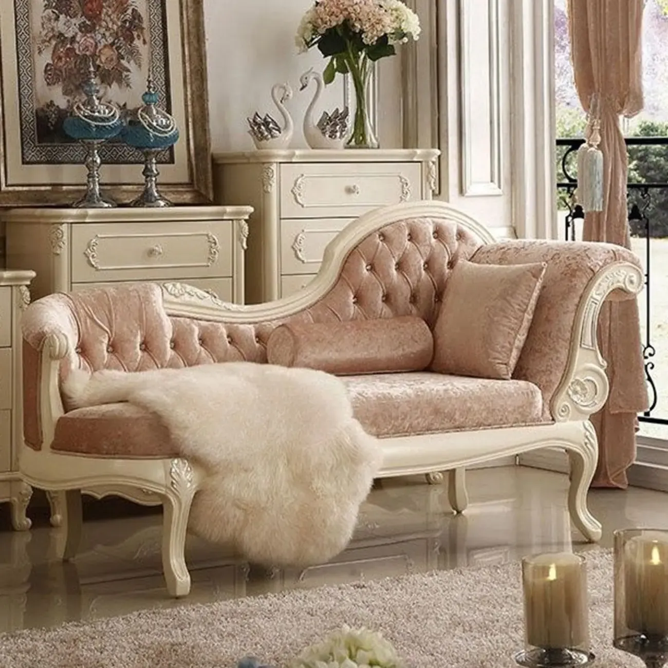 Luxurious Pink Velvet Chaise Lounge with Flared Arm for Bedroom Image - 4