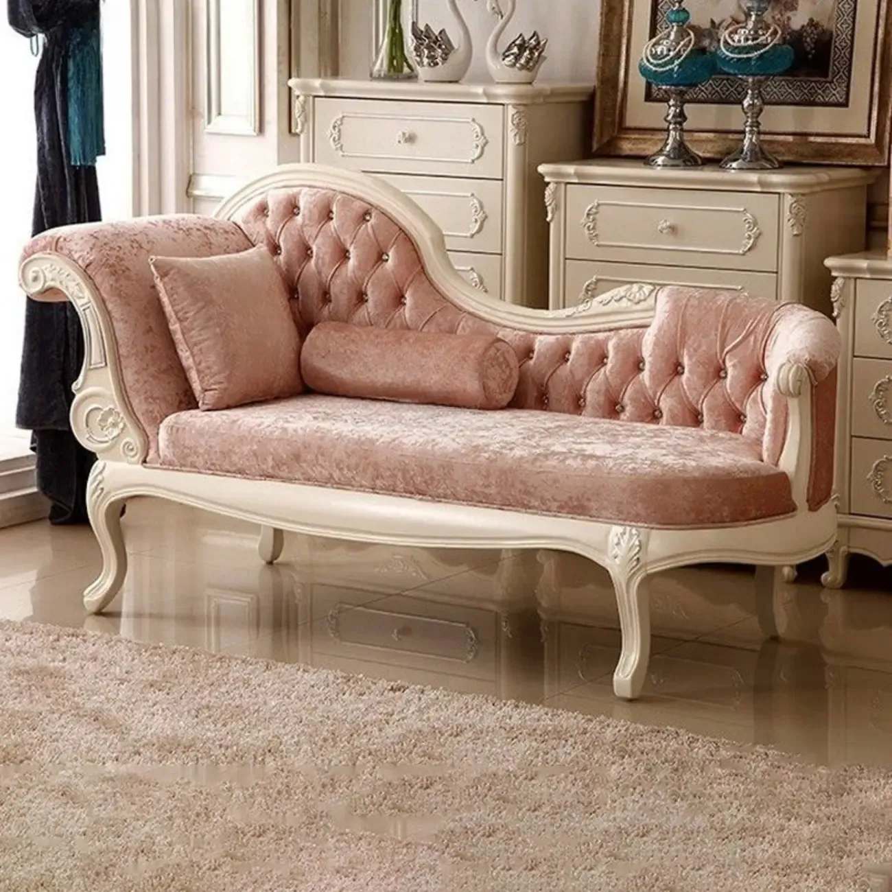 Luxurious Pink Velvet Chaise Lounge with Flared Arm for Bedroom Image - 2