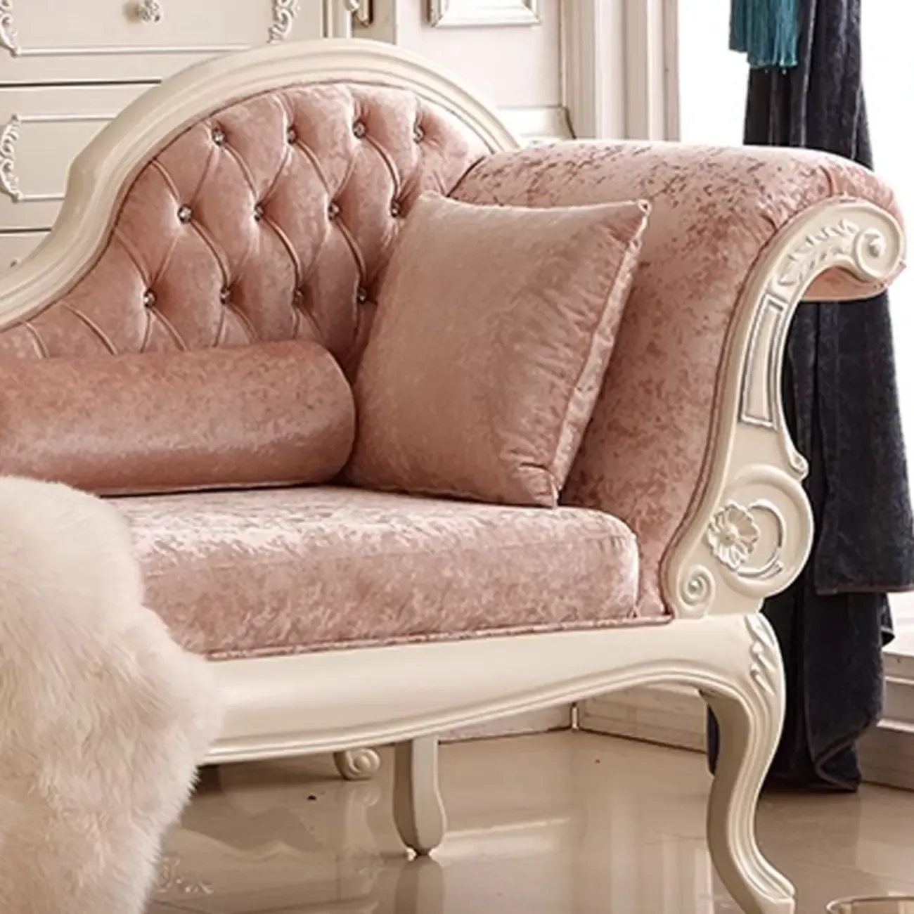 Luxurious Pink Velvet Chaise Lounge with Flared Arm for Bedroom Image - 6