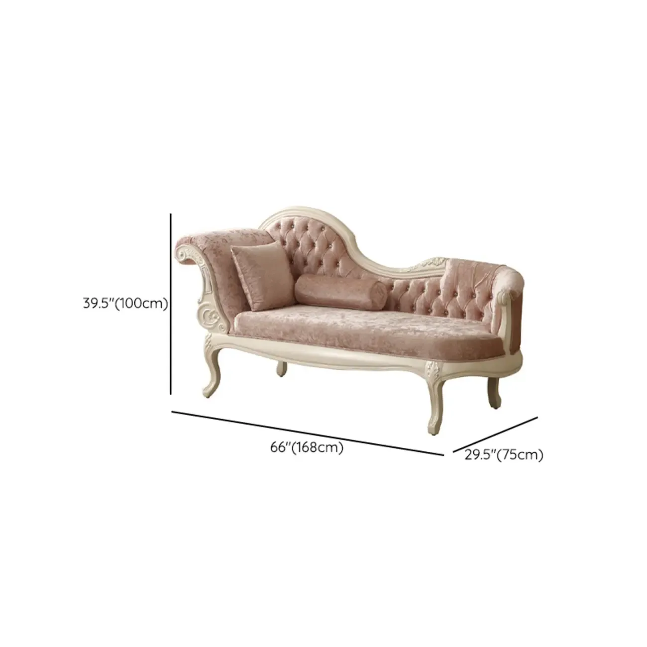 Luxurious Pink Velvet Chaise Lounge with Flared Arm for Bedroom #size