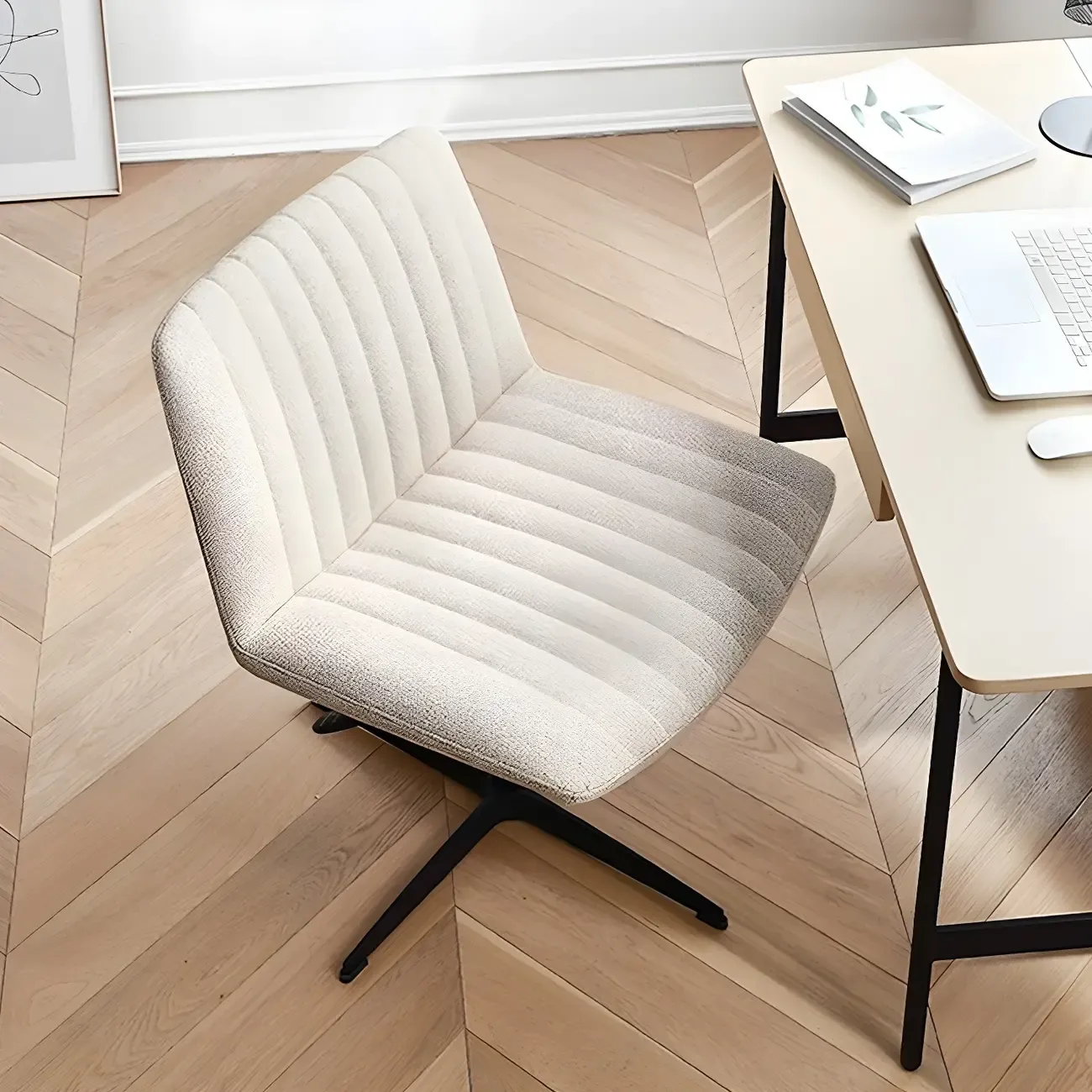 Modern Cream Leather Adjustable Swivel Side Chair Image - 2