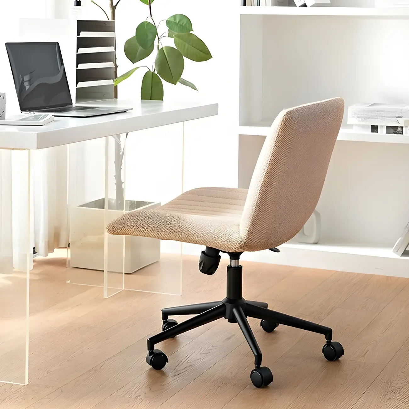 Modern Cream Leather Adjustable Swivel Side Chair Image - 3