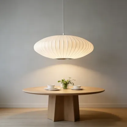 Contemporary White Disk Shaped Silk LED Pendant Light Image - 3