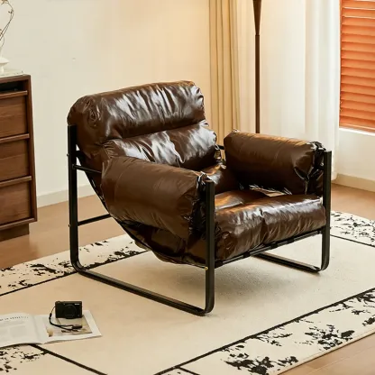 Mid Century Modern Oil Wax Leather Armrest Accent Chair Image - 8