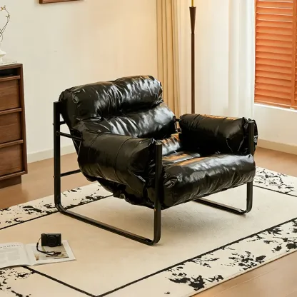 Mid Century Modern Oil Wax Leather Armrest Accent Chair Image - 7